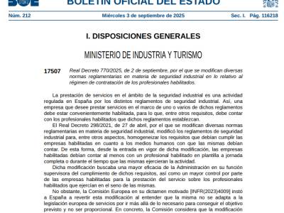 Real Decreto 770/2025. Modifican diversas normas reglamentarias en materia de SEGURIDAD INDUSTRIAL