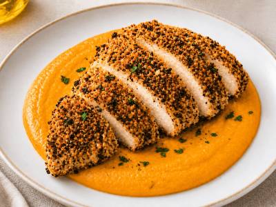 Pollo crujiente con costra de frutos secos y crema suave de zanahoria