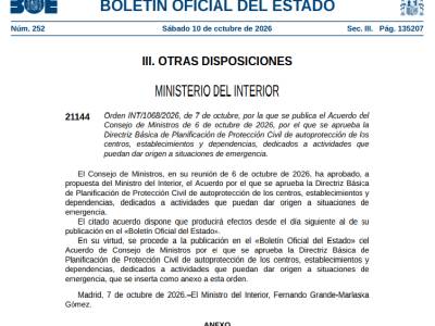 Nueva Directriz Básica de Autoprotección. Orden INT/1068/2026, de 7 de octubre